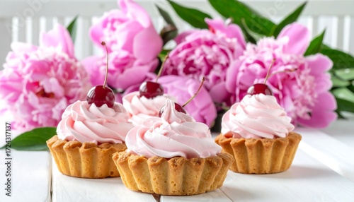 Fototapeta Naklejka Na Ścianę i Meble -  Pink cupcakes with cherries and peonies