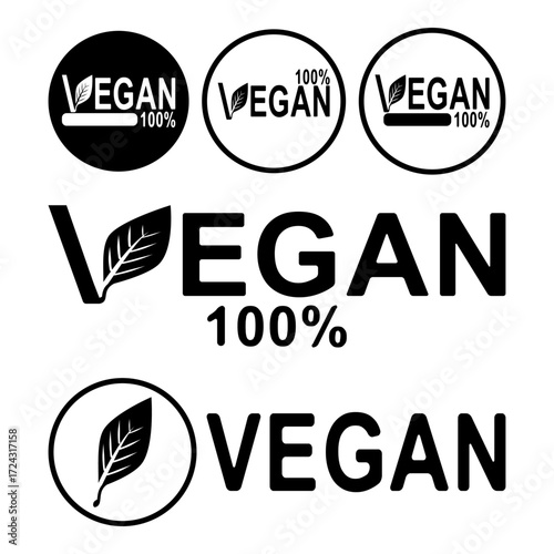 Modern vegan mark with clean leaf graphic and 100 percent wording for eco conscious label, organic product and health food