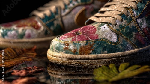 Detailed Floral Pattern Sneakers, Artistic Footwear with Nature Elements