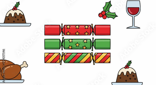 Christmas 2025 christmas dinner illustration with pudding turkey crackers and wine for festive holiday celebration vector