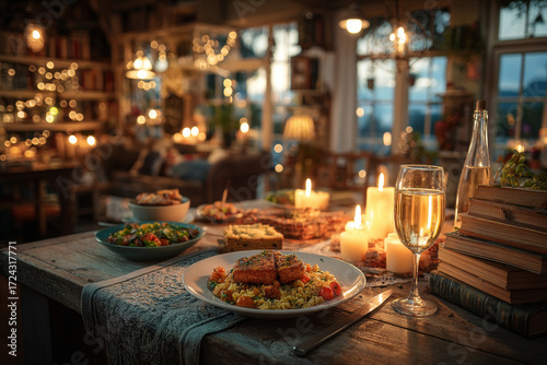 Pasta on a plate on a table in a room with books and candles.