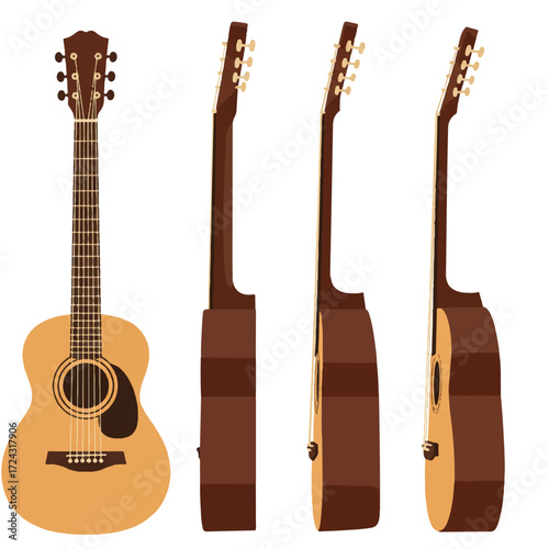 A diverse collection of traditional folk guitars is expertly rendered in a flat 2D vector illustration, featuring various acoustic string instruments isolated on a pristine white background.