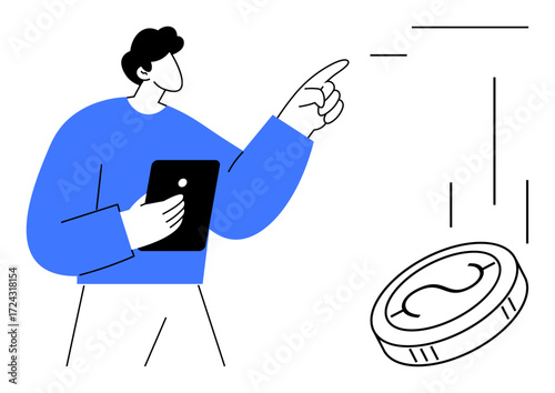 Person holding tablet and pointing at a falling coin. Ideal for finance, investment, economy, technology, decision-making, strategy, digital tools and trends. Minimal flat metaphor
