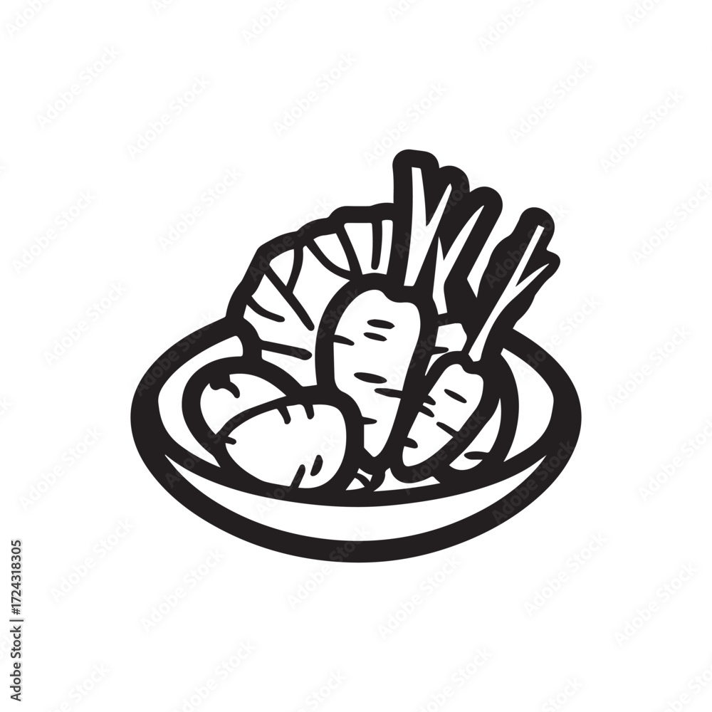 Obraz premium Black outline shows carrots and lettuce arranged neatly in a bowl on white background
