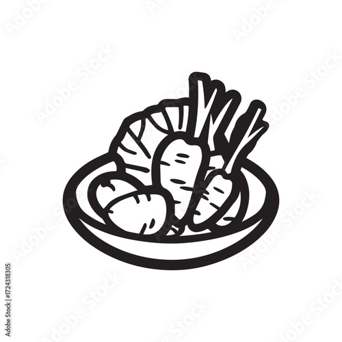 Black outline shows carrots and lettuce arranged neatly in a bowl on white background