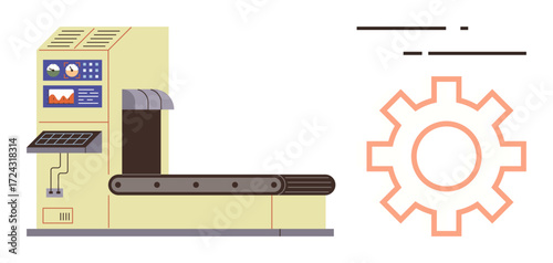 Industrial conveyor belt with control panel, buttons, and screen alongside large gear outline. Ideal for manufacturing, automation, processes, efficiency, technology production workflow. Simple