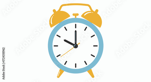 A charming yellow and light blue alarm clock with a classic bell design is digitally rendered as a clean vector graphic on a crisp white background.