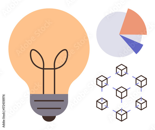 Lightbulb symbolizing ideas, pie chart for analytics, and interconnected cubes representing blockchain technology. Ideal for innovation, data, creativity, technology, business, research
