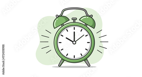 A vibrant vector illustration showcases a green alarm clock, designed in a flat style, perfect for time management concepts, punctuality themes, and deadline reminders on a white background.