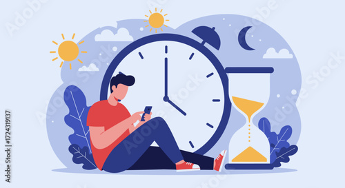 A young man is depicted sitting and using his phone, with an oversized clock and hourglass symbolizing time management and the passage of time, vector art.
