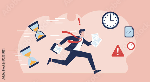 Anxious businessman in a hurry, running with papers as time runs out, illustrated with a clock, hourglass, and alert sign on a light pink background.