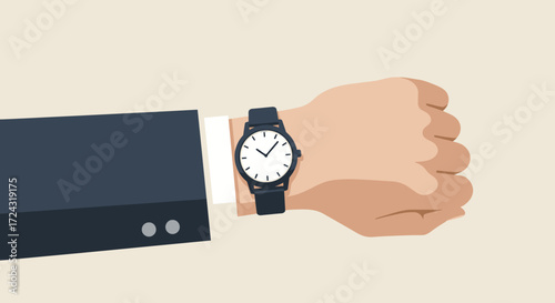 A flat vector illustration depicts a person's hand wearing a wristwatch, showcasing the concept of time management, punctuality, and the importance of deadlines in a professional environment.