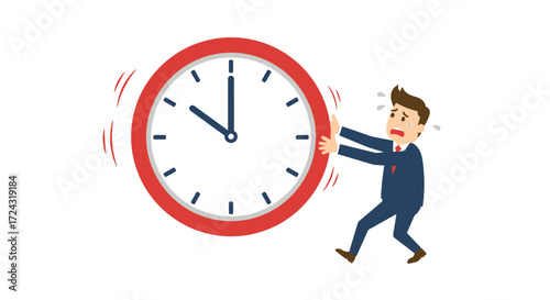 Stressed businessman trying to stop a large clock with both hands, depicting the concept of time management and deadline pressure in a modern vector style.