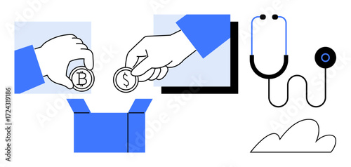 Hands exchanging coins, open box, stethoscope, and cloud. Ideal for finance, donation, investment, healthcare technology innovation savings. Simple flat metaphor