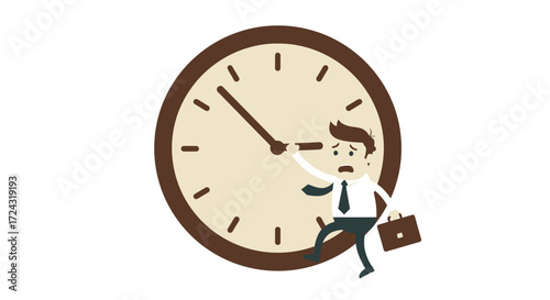 Stressed businessman running to catch up with a large analog clock face, symbolizing time management and deadline pressure in a modern business context.