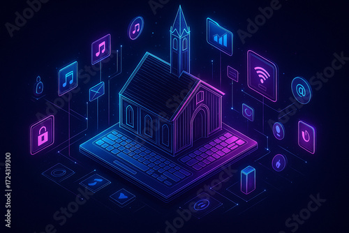 AI generated digital art of a holographic church on a keyboard surrounded by glowing icons symbolizing technology culture and connectivity