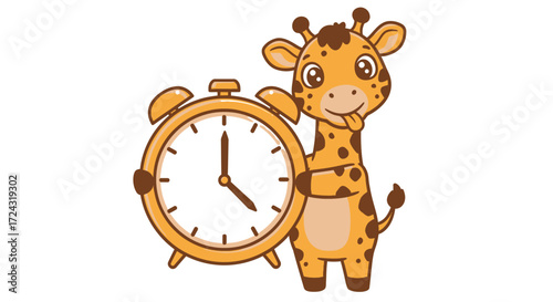 Cute cartoon giraffe character playfully holding a vintage alarm clock, perfect for children's educational content and time management themes.