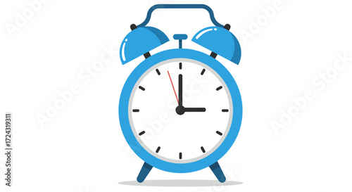 A vibrant blue alarm clock with classic twin bells and a clear white face, depicted in a clean flat vector illustration style, symbolizing time management.