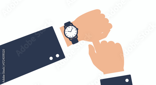 A businessman's hand, adorned with a wristwatch, checks the time against a white background, emphasizing punctuality and the concept of time management in a professional setting.