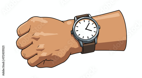 A detailed vector illustration showcases a hand wearing a classic wristwatch, highlighting time management and punctuality, perfect for various design projects and presentations.