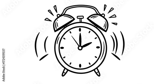 Vintage alarm clock ringing loudly with bold lines and radiating sound waves, symbolizing early morning wake up calls and time.