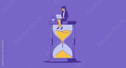 A focused businesswoman efficiently manages her tasks while working on a laptop, perched atop a large hourglass, symbolizing effective time management and productivity.