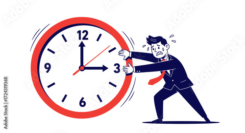 Stressed businessman struggling to stop a large analog clock from moving forward, symbolizing time pressure and deadlines in a business environment.