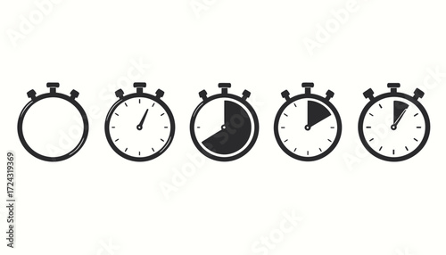 Collection of five simple vector stopwatch icons illustrating time progression from empty to partially filled, perfect for design projects.