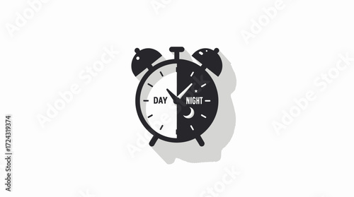 A stylized graphic illustration of a classic alarm clock face divided into day and night sections, symbolizing time, routine, and daily cycles.