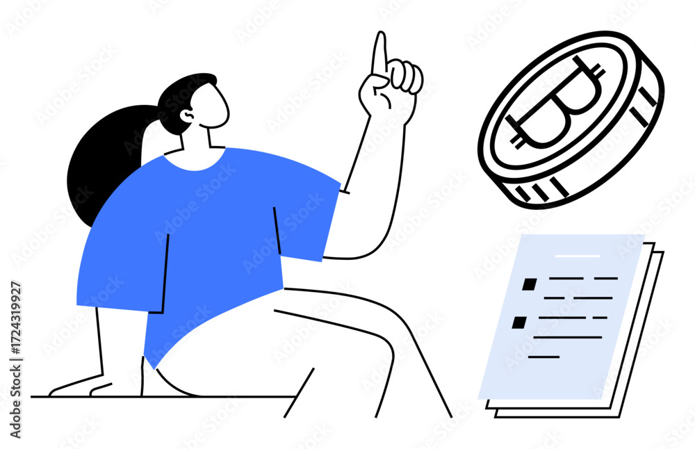 custom made wallpaper toronto digitalPerson raising a finger seated next to a floating Bitcoin coin and documents. Ideal for cryptocurrency, finance, blockchain, investment, ideas, innovation, and decision-making visual. Simple flat