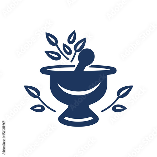 Dark blue mortar and pestle with leaves symbolize traditional botanical medicine on white background