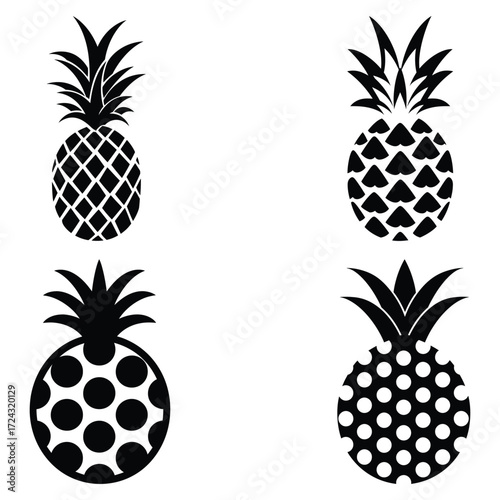 Four stylized pineapple icons display different patterns with solid black shapes on white background