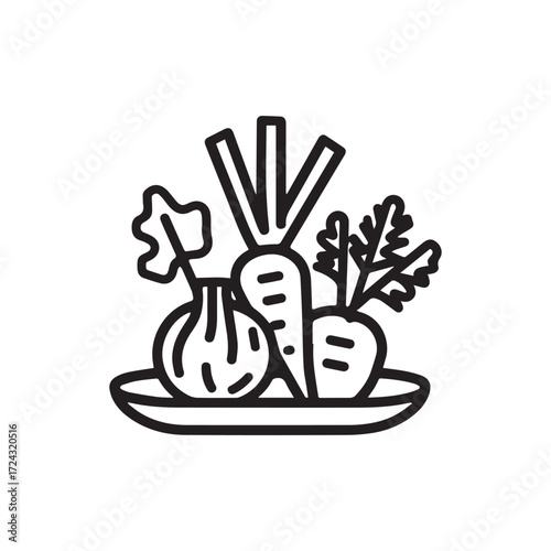 Line drawing features a plate with onions, carrots, and beetroots on white background