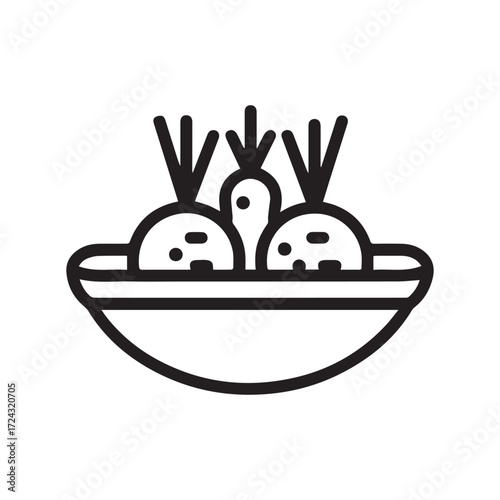 Line drawing shows round vegetables with leafy tops in a bowl on white background