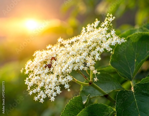 Close-up of a vibrant elderflower cluster at sunset