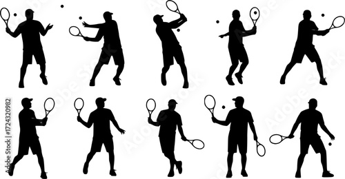Male tennis player silhouettes , Tennis player silhouette , Man tennis player vector, Tennis player, Tennis silhouettes