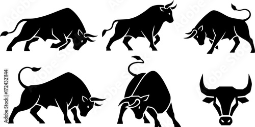 Bull silhouettes, Bull, Bull silhouette, Bull vector illustration, Bull icon set of 6