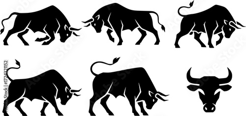 Bull silhouettes, Bull, Bull silhouette, Bull vector illustration, Bull icon set of 6