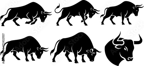 Bull silhouettes, Bull, Bull silhouette, Bull vector illustration, Bull icon set of 6