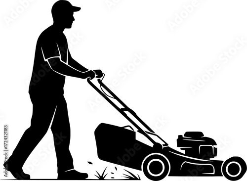 Man pushing lawn mower, Man mowing lawn, Man pushing lawn mower silhouette, Man mowing lawn silhouette, Lawn mowing silhouette, Man pushing lawnmower vector set