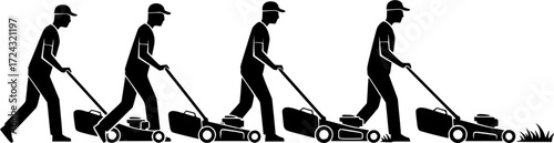 Man pushing lawn mower, Man mowing lawn, Man pushing lawn mower silhouette, Man mowing lawn silhouette, Lawn mowing silhouette, Man pushing lawnmower vector set