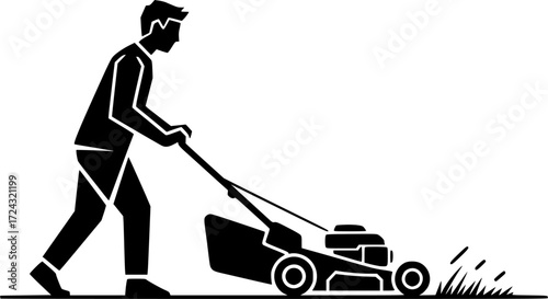 Man pushing lawn mower, Man mowing lawn, Man pushing lawn mower silhouette, Man mowing lawn silhouette, Lawn mowing silhouette, Man pushing lawnmower vector set