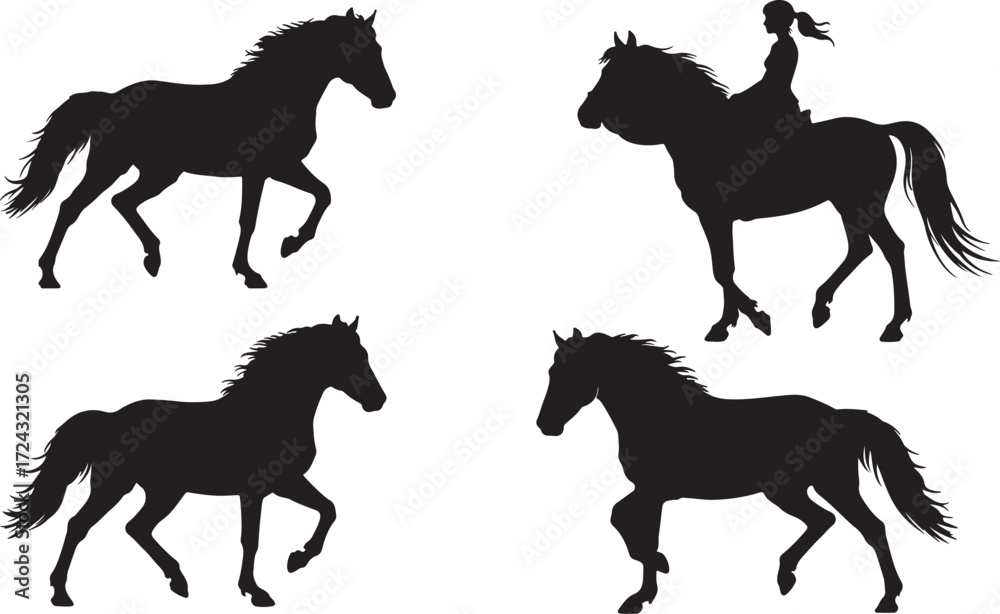 Fototapeta premium Set of Running and Standing Horse Silhouettes