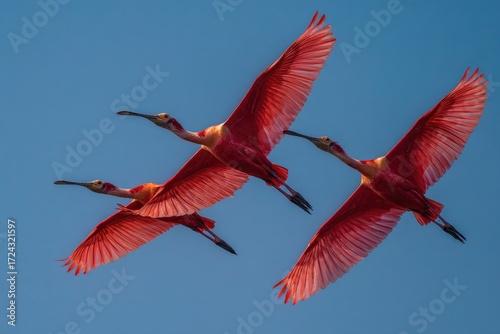 Three pink birds in flight against a clear blue sky