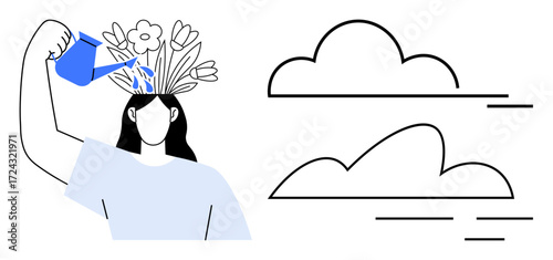Woman pouring water to grow plants from her head, symbolizing self-care, growth, and mental well-being. Ideal for mindfulness, wellness, creativity, productivity, self-development growth mindset