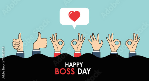 Happy Boss Day greeting card with hands showing positive gestures.