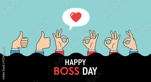Happy Boss Day greeting card with hands showing positive gestures.