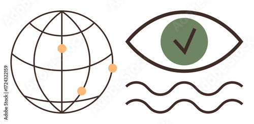 Globe with connected points, an eye with a verified checkmark, and wavy lines. Ideal for technology, validation, security, connectivity, globalization insight communication. Simple flat metaphor