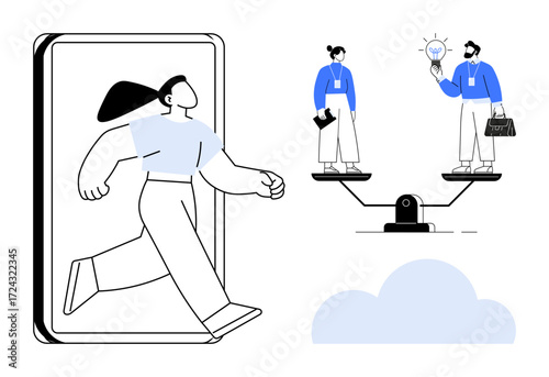 Large woman steps out of tablet tiny professionals balance on a scale, symbolizing ideas vs practicality. Ideal for innovation, teamwork, equality, growth, leadership, creativity, digital