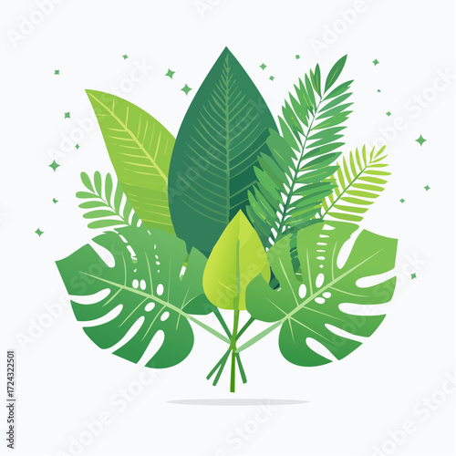 Vibrant Green Tropical Leaves Bouquet Illustration
